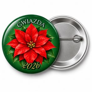 Przypinka Poinsecja: przypinka na Boże Narodzenie z napisem GWIAZDA oraz polem rok (np. 2026) – przód i aluminiowy tył z agrafką
