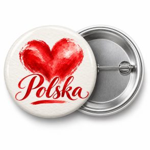 Przypinka Polska Czerwone Serce: przypinka na 11 Listopada z napisem Polska – przód i aluminiowy tył z agrafką