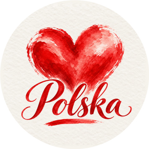 Wzór: Przypinka Polska Czerwone Serce – biało-czerwona grafika z napisem Polska
