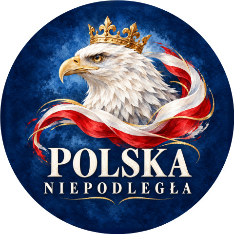 Wzór: Przypinka Polska Niepodległa Orzeł – biało-czerwona grafika z napisem POLSKA NIEPODLEGŁA