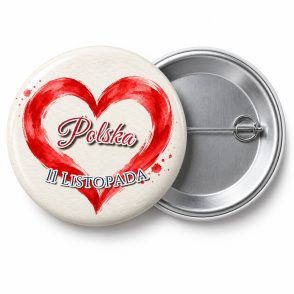 Przypinka Polska Serce z Pędzla: przypinka na 11 Listopada z napisem Polska oraz polem napis dolny (np. 11 Listopada) – przód i aluminiowy tył z agrafką