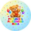 Wzór przypinki Przyjaciel Pluszowego Misia: miś z rozetą, balony i kolorowy napis na tle w kropki i gwiazdki