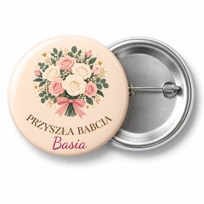 Przypinka Przyszła Babcia: kolorowa przypinka na baby shower z napisem PRZYSZŁA BABCIA oraz polem imię (np. Basia) – przód i aluminiowy tył z agrafką