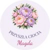 Wzór: Przypinka Przyszła Ciocia – napis PRZYSZŁA CIOCIA i pole imię na pastelowym tle