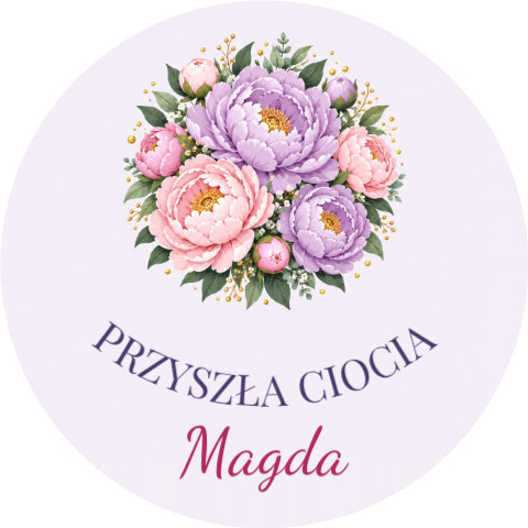 Wzór: Przypinka Przyszła Ciocia – napis PRZYSZŁA CIOCIA i pole imię na pastelowym tle
