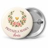 Przypinka Przyszła Mama: kolorowa przypinka na baby shower z napisem PRZYSZŁA MAMA oraz polem imię (np. Ania) – przód i aluminiowy tył z agrafką