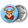 Przypinka Renifer z Czerwonym Nosem: przypinka na Boże Narodzenie z napisem RUDOLF oraz polem imię (np. Kuba) – przód i aluminiowy tył z agrafką