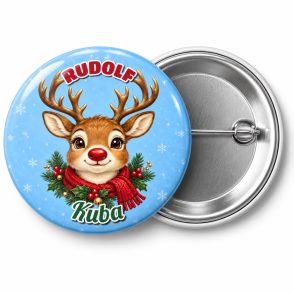 Przypinka Renifer z Czerwonym Nosem: przypinka na Boże Narodzenie z napisem RUDOLF oraz polem imię (np. Kuba) – przód i aluminiowy tył z agrafką