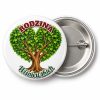Przypinka Rodzina Drzewo z Sercem: kolorowa przypinka na zjazd rodzinny z napisem RODZINA oraz polem nazwisko (np. Wiśniewskich) – przód i aluminiowy tył z agrafką