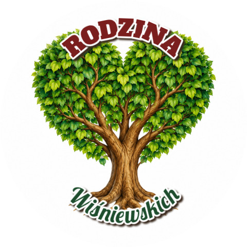 Wzór: Przypinka Rodzina Drzewo z Sercem – napis RODZINA i pole nazwisko na pastelowym tle