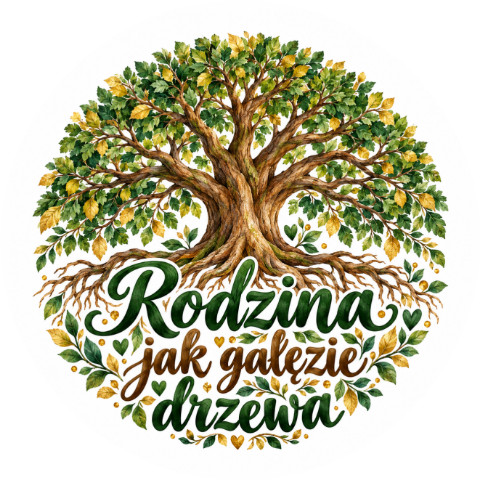 Wzór: Przypinka Rodzina jak Gałęzie Drzewa – pastelowa grafika z napisem Rodzina jak gałęzie drzewa
