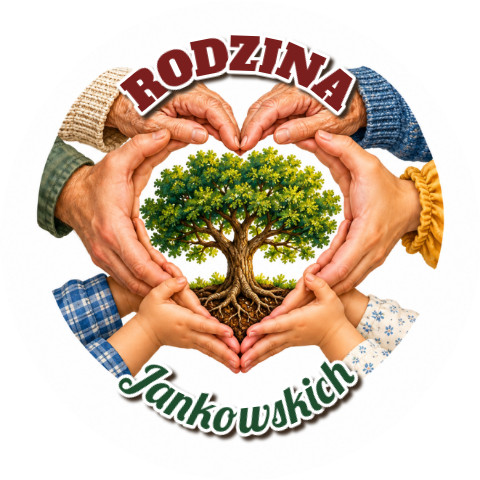 Wzór: Przypinka Rodzina Serce z Dłoni – napis RODZINA i pole nazwisko na pastelowym tle