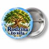 Przypinka Rodzina to Siła: kolorowa przypinka na zjazd rodzinny z napisem Rodzina to siła – przód i aluminiowy tył z agrafką