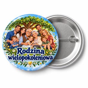 Przypinka Rodzina Wielopokoleniowa: kolorowa przypinka na zjazd rodzinny z napisem Rodzina wielopokoleniowa – przód i aluminiowy tył z agrafką