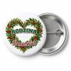 Przypinka Rodzina Wieniec Serce: kolorowa przypinka na zjazd rodzinny z napisem RODZINA oraz polem nazwisko (np. Kamińskich) – przód i aluminiowy tył z agrafką