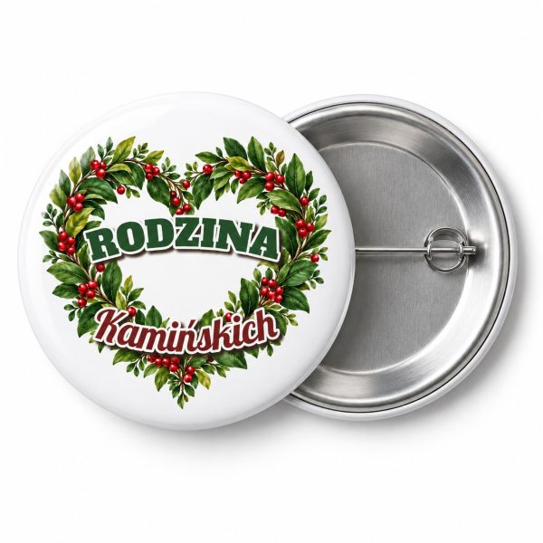 Przypinka Rodzina Wieniec Serce: kolorowa przypinka na zjazd rodzinny z napisem RODZINA oraz polem nazwisko (np. Kamińskich) – przód i aluminiowy tył z agrafką