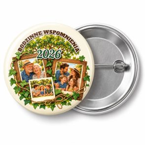 Przypinka Rodzinne Wspomnienia Album: kolorowa przypinka na zjazd rodzinny z napisem RODZINNE WSPOMNIENIA oraz polem rok (np. 2026) – przód i aluminiowy tył z agrafką