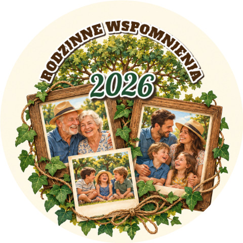Wzór: Przypinka Rodzinne Wspomnienia Album – napis RODZINNE WSPOMNIENIA i pole rok na pastelowym tle
