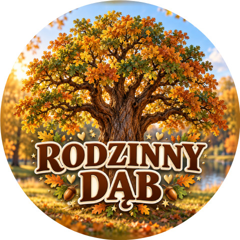 Wzór: Przypinka Rodzinny Dąb – pastelowa grafika z napisem RODZINNY DĄB