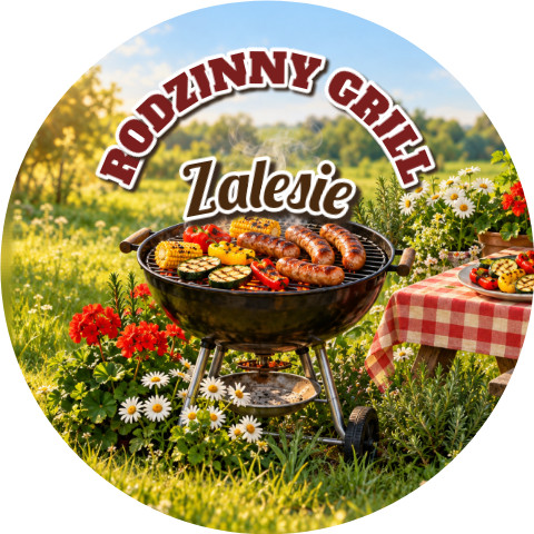 Wzór: Przypinka Rodzinny Grill – napis RODZINNY GRILL i pole miejscowość na pastelowym tle