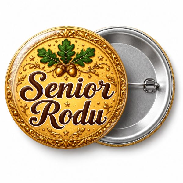 Przypinka Senior Rodu Medal: kolorowa przypinka na zjazd rodzinny z napisem Senior Rodu – przód i aluminiowy tył z agrafką