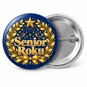 Przypinka Senior Roku: kolorowa przypinka na Dzień Seniora z napisem Senior Roku – przód i aluminiowy tył z agrafką