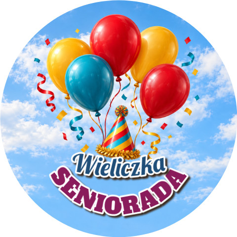 Wzór: Przypinka Seniorada – napis SENIORADA i pole miejscowość na pastelowym tle