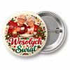 Przypinka Seniorzy na Wigilii: kolorowa przypinka na Dzień Seniora z napisem Wesołych Świąt – przód i aluminiowy tył z agrafką