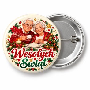 Przypinka Seniorzy na Wigilii: kolorowa przypinka na Dzień Seniora z napisem Wesołych Świąt – przód i aluminiowy tył z agrafką