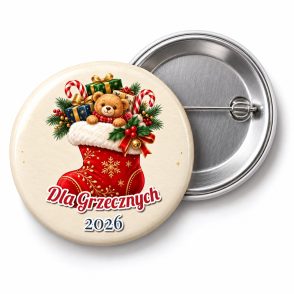 Przypinka Skarpeta Pełna Prezentów: przypinka na Boże Narodzenie z napisem Dla Grzecznych oraz polem rok (np. 2026) – przód i aluminiowy tył z agrafką