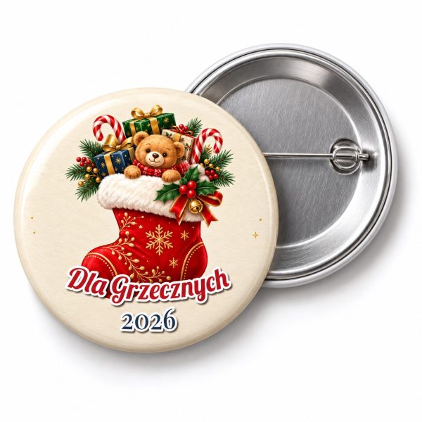 Przypinka Skarpeta Pełna Prezentów: przypinka na Boże Narodzenie z napisem Dla Grzecznych oraz polem rok (np. 2026) – przód i aluminiowy tył z agrafką