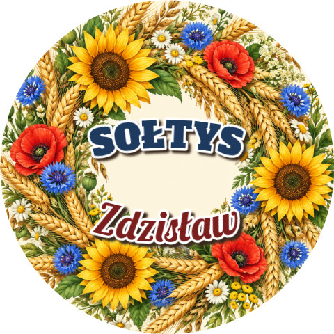 Wzór: Przypinka Sołtys – napis SOŁTYS i pole imię na pastelowym tle