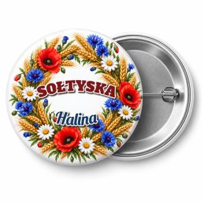 Przypinka Sołtyska: kolorowa przypinka na dożynki z napisem SOŁTYSKA oraz polem imię (np. Halina) – przód i aluminiowy tył z agrafką