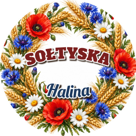 Wzór: Przypinka Sołtyska – napis SOŁTYSKA i pole imię na pastelowym tle
