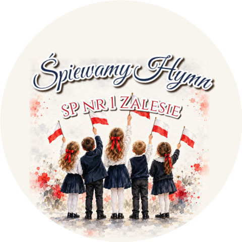 Wzór: Przypinka Śpiewamy Hymn – napis Śpiewamy Hymn i pole szkoła na biało-czerwonej grafice
