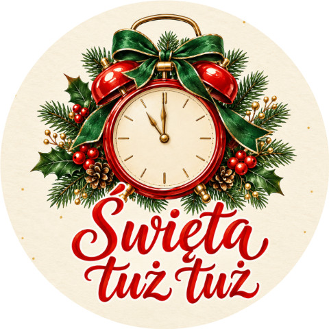 Wzór: Przypinka Świąteczny Czas Zegar – świąteczna grafika z napisem Święta tuż tuż