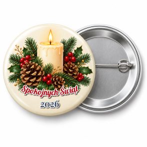 Przypinka Świeca i Szyszki: przypinka na Boże Narodzenie z napisem Spokojnych Świąt oraz polem rok (np. 2026) – przód i aluminiowy tył z agrafką
