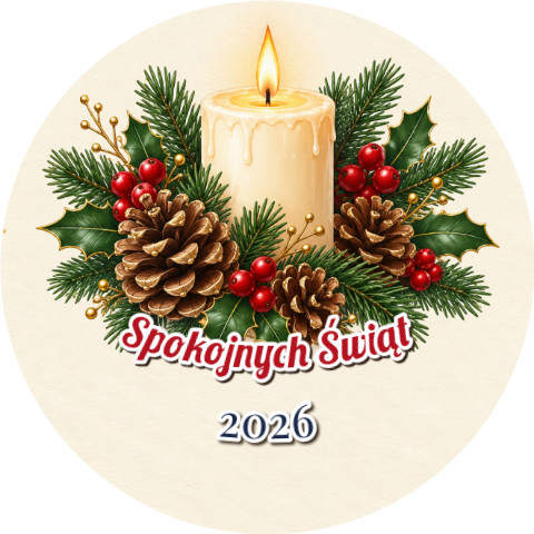 Wzór: Przypinka Świeca i Szyszki – napis Spokojnych Świąt i pole rok na świątecznej grafice