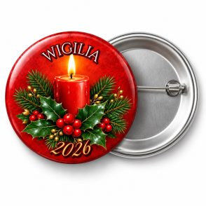 Przypinka Świeca Wigilijna: przypinka na Boże Narodzenie z napisem WIGILIA oraz polem rok (np. 2026) – przód i aluminiowy tył z agrafką