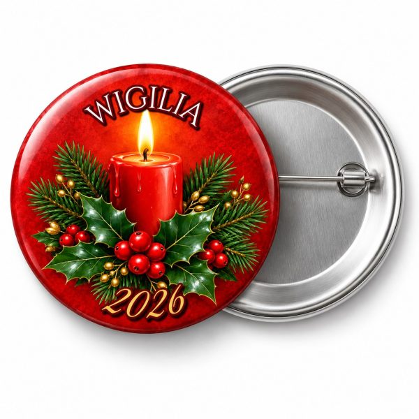 Przypinka Świeca Wigilijna: przypinka na Boże Narodzenie z napisem WIGILIA oraz polem rok (np. 2026) – przód i aluminiowy tył z agrafką