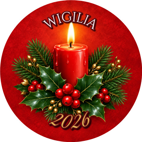 Wzór: Przypinka Świeca Wigilijna – napis WIGILIA i pole rok na świątecznej grafice