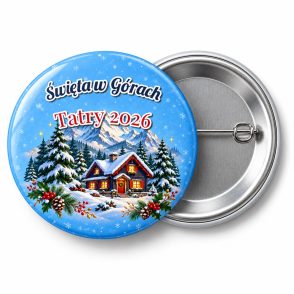 Przypinka Święta w Górach: przypinka na Boże Narodzenie z napisem Święta w Górach oraz polem miejscowość (np. Tatry 2026) – przód i aluminiowy tył z agrafką