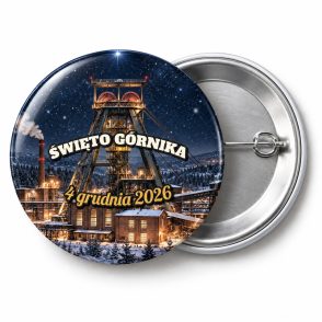 Przypinka Święto Górnika Szyb i Gwiazdy: przypinka na Barbórkę z napisem ŚWIĘTO GÓRNIKA oraz polem data (np. 4 grudnia 2026) – przód i aluminiowy tył z agrafką