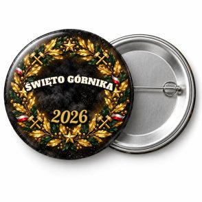 Przypinka Święto Górnika Złoty Wieniec: przypinka na Barbórkę z napisem ŚWIĘTO GÓRNIKA oraz polem rok (np. 2026) – przód i aluminiowy tył z agrafką