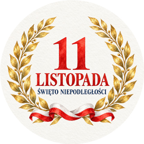 Wzór: Przypinka Święto Niepodległości Laur – biało-czerwona grafika z napisem 11 LISTOPADA ŚWIĘTO NIEPODLEGŁOŚCI