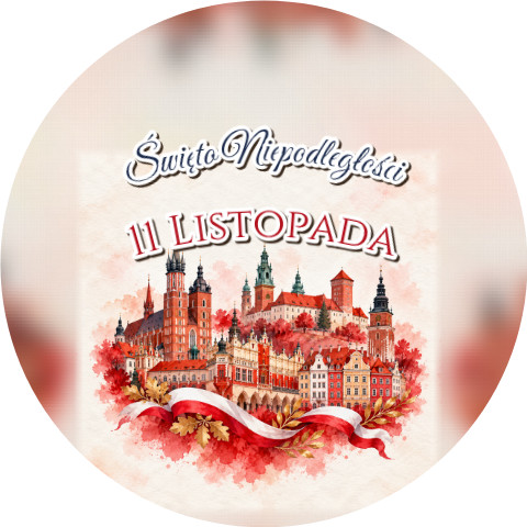 Wzór: Przypinka Święto Niepodległości Panorama Miasta – napis Święto Niepodległości i pole napis dolny na biało-czerwonej grafice