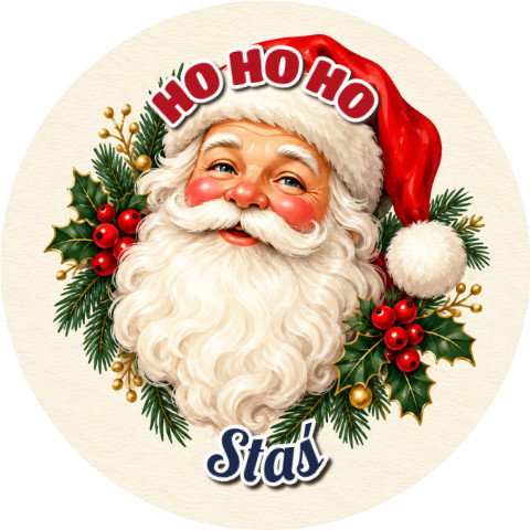 Wzór: Przypinka Święty Mikołaj Portret – napis HO HO HO i pole imię na świątecznej grafice