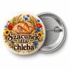 Przypinka Szacunek dla Chleba: kolorowa przypinka na dożynki z napisem Szacunek dla chleba – przód i aluminiowy tył z agrafką