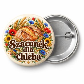 Przypinka Szacunek dla Chleba: kolorowa przypinka na dożynki z napisem Szacunek dla chleba – przód i aluminiowy tył z agrafką