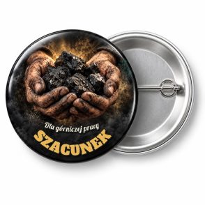 Przypinka Szacunek dla Górników: przypinka na Barbórkę z napisem SZACUNEK oraz polem napis górny (np. Dla górniczej pracy) – przód i aluminiowy tył z agrafką